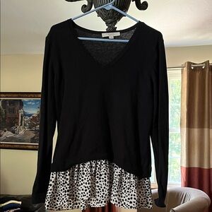 LOFT Black V-Neck Blouse with Polka Dot Hem